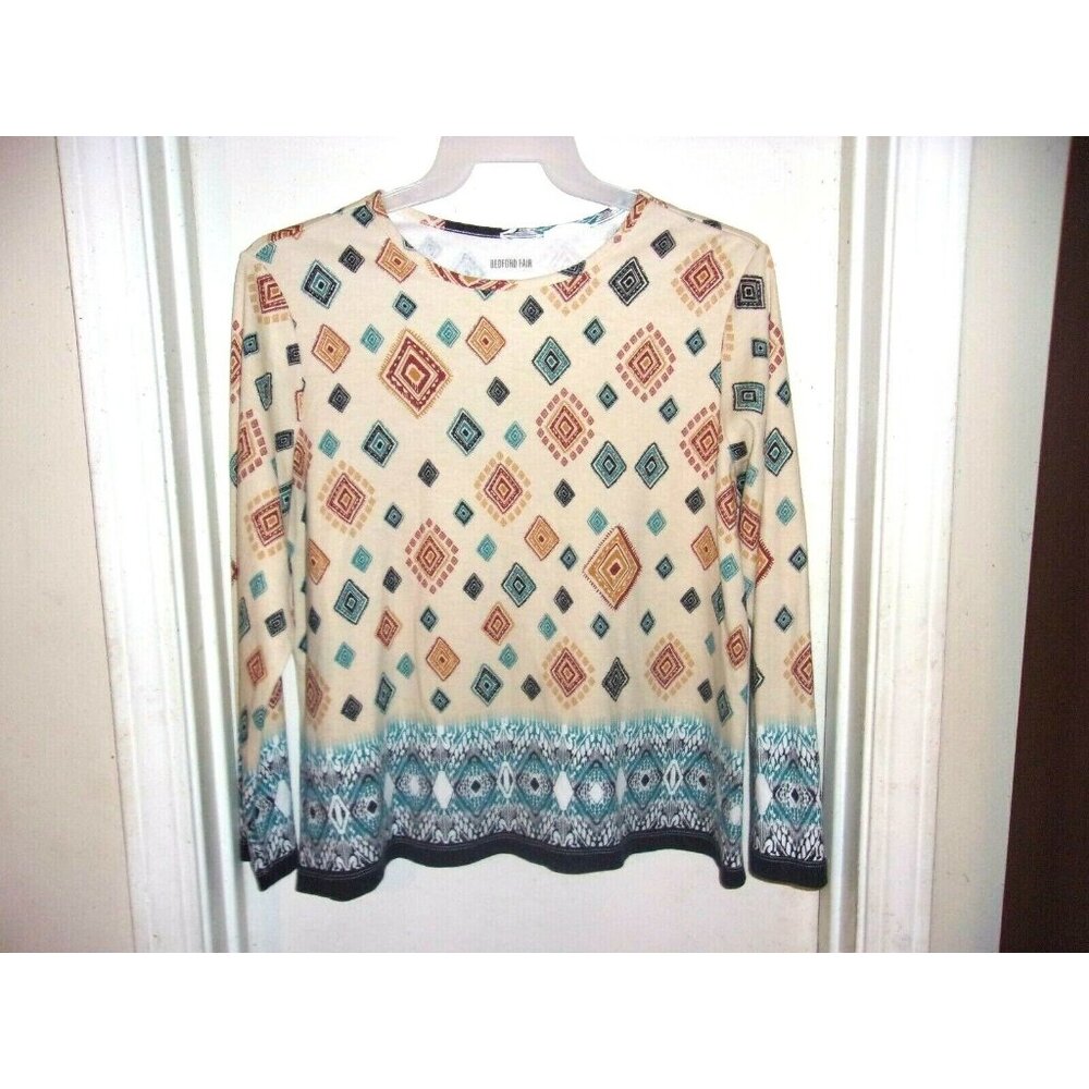 Bedford Fair Aztec Diamonds Tan‎ Long Sleeve Top 1X